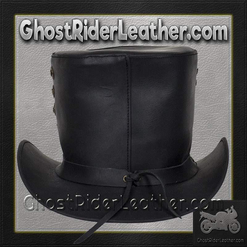 Black Leather Top Hat with Brass Studs / SKU GRL-HAT15-11-DL - Image 3