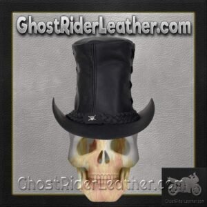 Black Leather Top Hat with Chrome Skull / SKU GRL-HAT14-11-DL