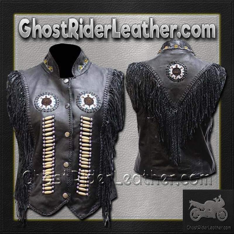 Women's Black Leather Western Style Beadwork and Bones Vest - SKU LV428-DL - Image 5