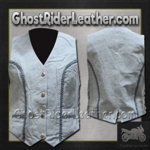 Women's Blue Leather Vest with Side Laces and Braid Design - SKU LV221-15-DL