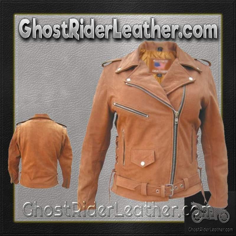 Ladies Classic Biker Brown Leather Jacket - SKU AL2115-AL - Image 2