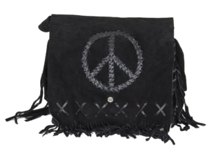 Black Suede Leather Purse - Peace Sign - Fringe - Handbag - AC2050-BLK-DL