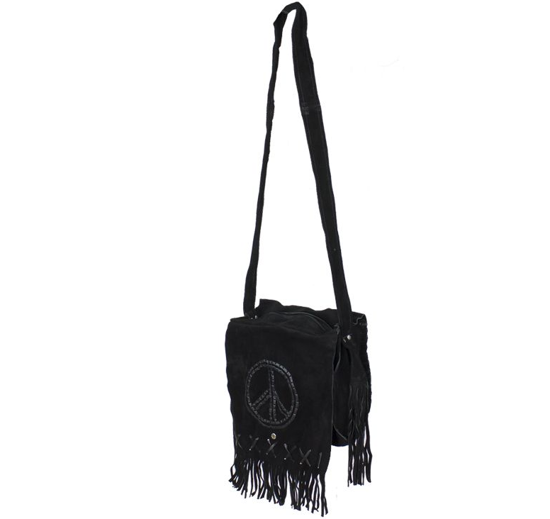 Black Suede Leather Purse - Peace Sign - Fringe - Handbag - AC2050-BLK-DL - Image 5