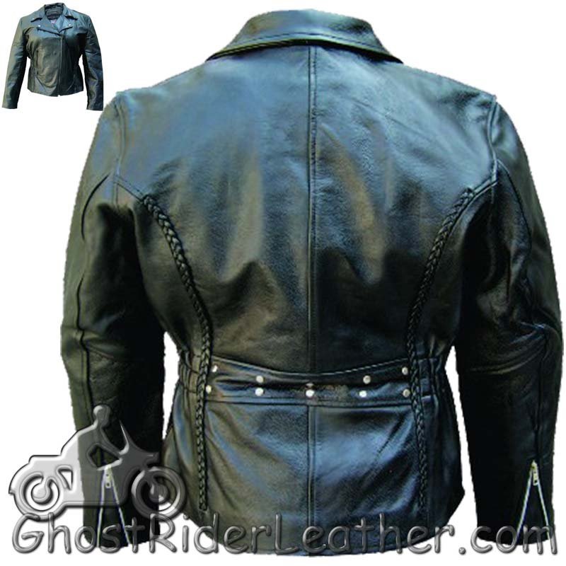 Ladies Biker Leather Jacket With Braid Trim - SKU AL2103-AL - Image 2