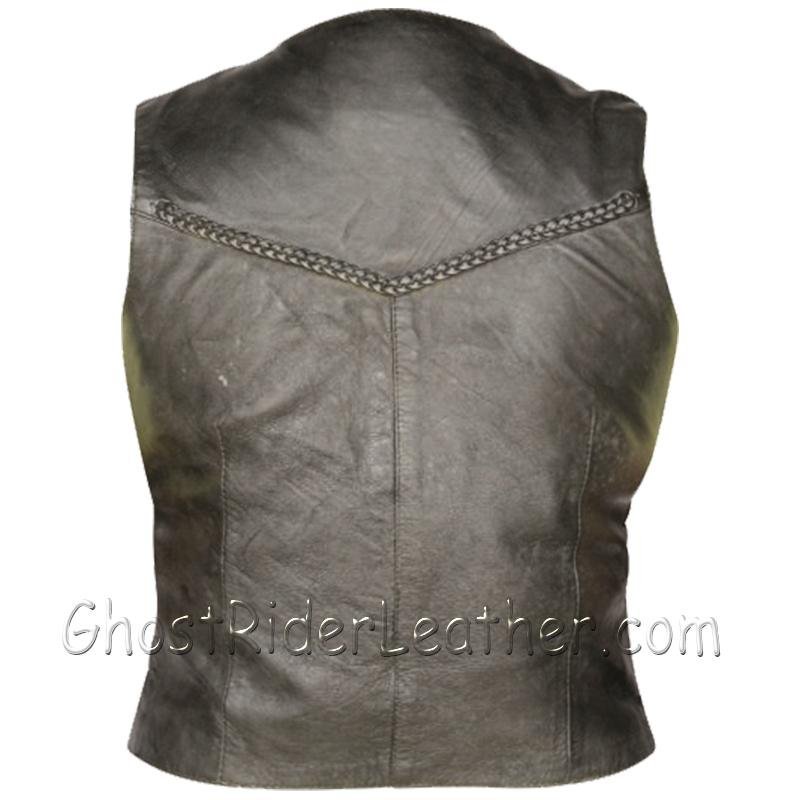 Leather Motorcycle Vest - Women's - Braid Trim - AL2302-AL - Image 2