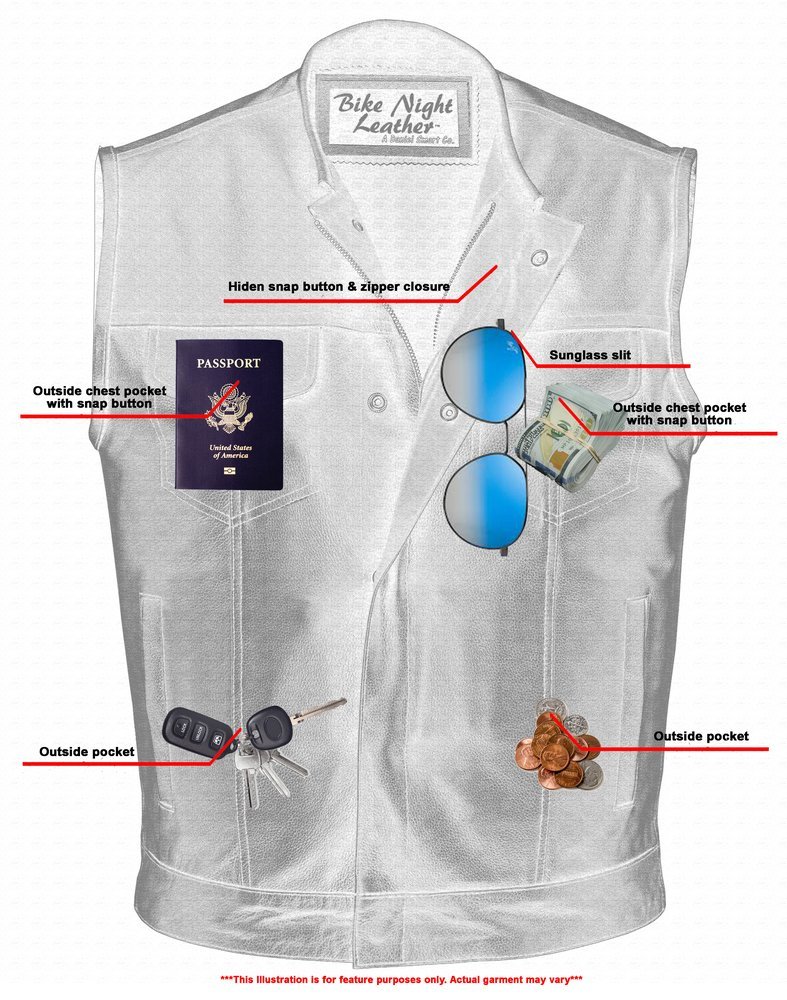 Leather Motorcycle Vest - Men's - Gun Pockets - Up To 12XL - No Collar - Big and Tall - Dawn Run - AM9193-RC - Image 3