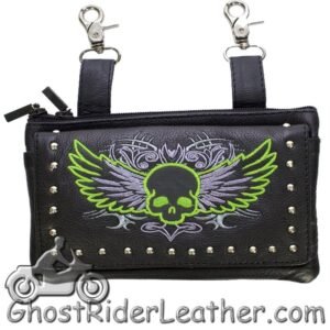 Leather Belt Bag - Lime Green - Flying Skull Design - Handbag - BAG35-EBL10-LIME-DL