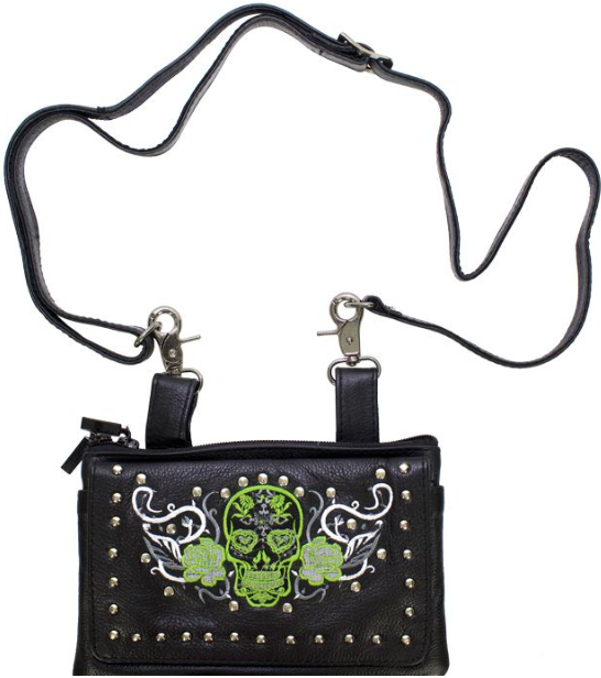 Leather Belt Bag - Lime Green - Sugar Skull Roses - Handbag - BAG35-EBL14-LIME-DL - Image 3