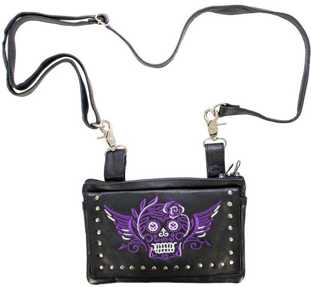 Leather Belt Bag - Purple - Sugar Skull Design - Handbag - BAG35-EBL19-PURP-DL - Image 3