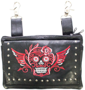 Leather Belt Bag - Red - Sugar Skull Design - Handbag - BAG35-EBL19-RED-DL