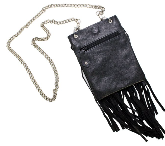 Black Leather Handbag - Belt Bag - Fringe - Chain - Small - BAG42-11-DL - Image 2