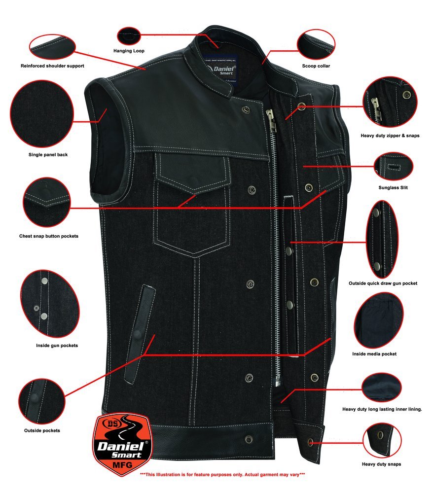 Denim and Leather Motorcycle Combo Vest - Men's - Upgraded Gun Pockets - Up To 10XL - DM900-DS - Image 2