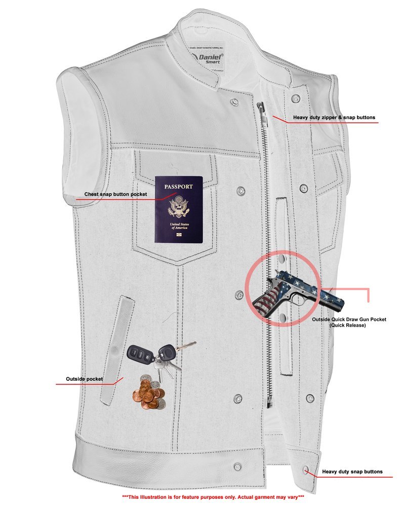 Denim and Leather Motorcycle Combo Vest - Men's - Upgraded Gun Pockets - Up To 10XL - DM900-DS - Image 7