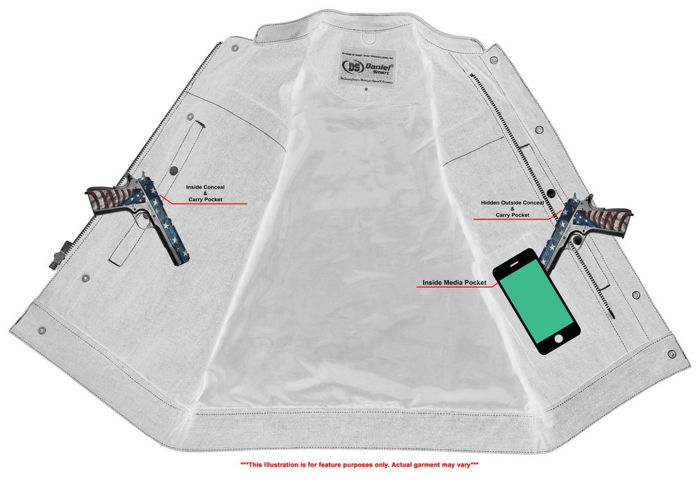 Denim and Leather Motorcycle Combo Vest - Men's - Upgraded Gun Pockets - Up To 10XL - DM900-DS - Image 9