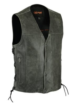 Leather Motorcycle Vest - Men's - Gray - Gun Pockets - Side Laces - Up To 8XL - RC105V-RC