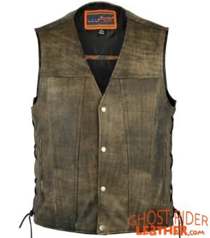Leather Motorcycle Vest - Men's - Antique Brown - Up To Size 8XL - Side Laces - Big and Tall - RC107-RC