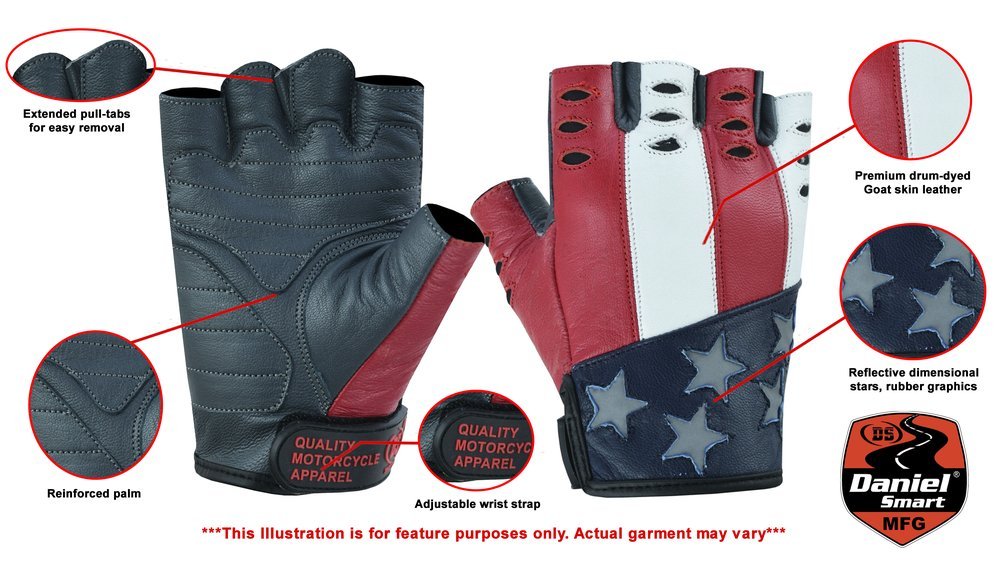 Leather Motorcycle Gloves - Men's - USA Flag - Fingerless - DS1215-DS - Image 2