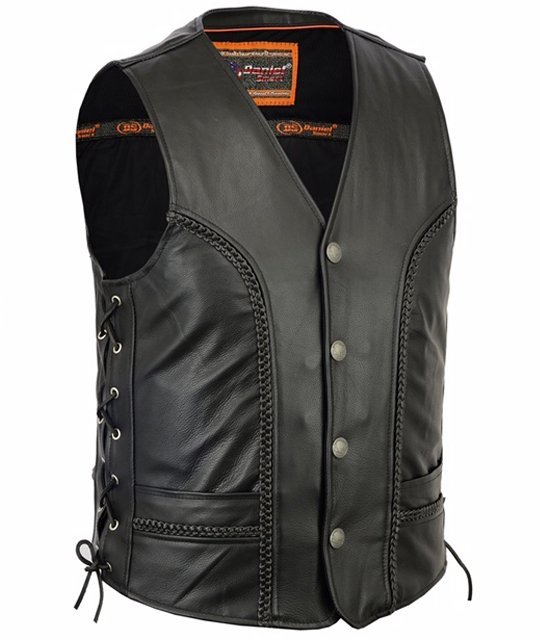 Leather Motorcycle Vest - Men's - Gun Pockets - Braided - Up To 6XL - DS131-DS - Image 2