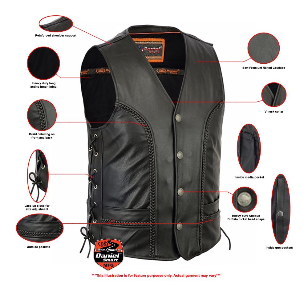 Leather Motorcycle Vest - Men's - Gun Pockets - Braided - Up To 6XL - DS131-DS - Image 4