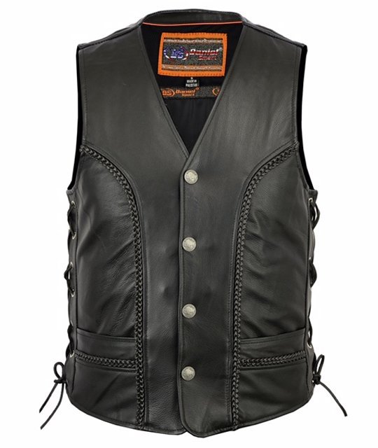 Leather Motorcycle Vest - Men's - Gun Pockets - Braided - Up To 6XL - DS131-DS - Image 6
