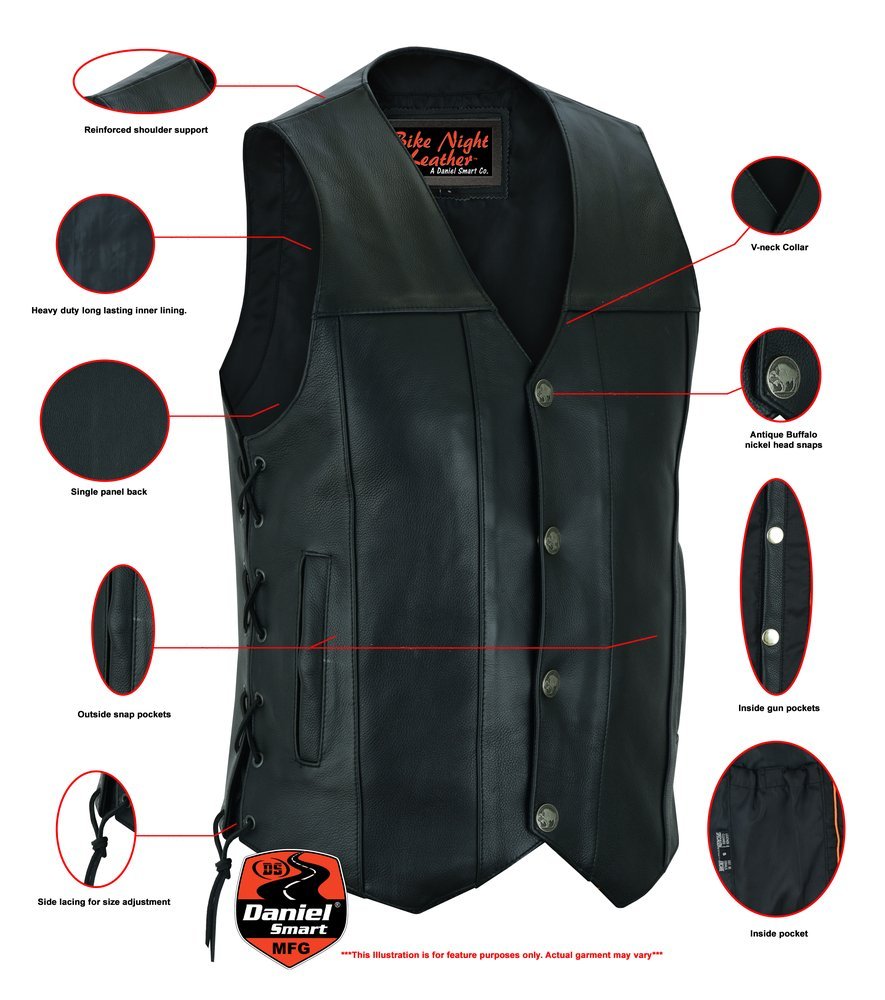 Leather Motorcycle Vest - Men's - Gun Pockets - Buffalo Nickel Snaps - Up To 8XL - Black Hawk - RC142-RC - Image 3