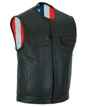 Leather Motorcycle Vest - Men's - USA Flag Liner - Gun Pockets - Up To 8XL - American Core - RC155-RC