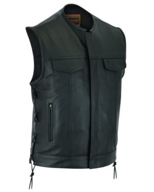 Leather Motorcycle Vest - Men's - Side Laces - Up To 12XL - Big and Tall - Black Armor - RC178-RC