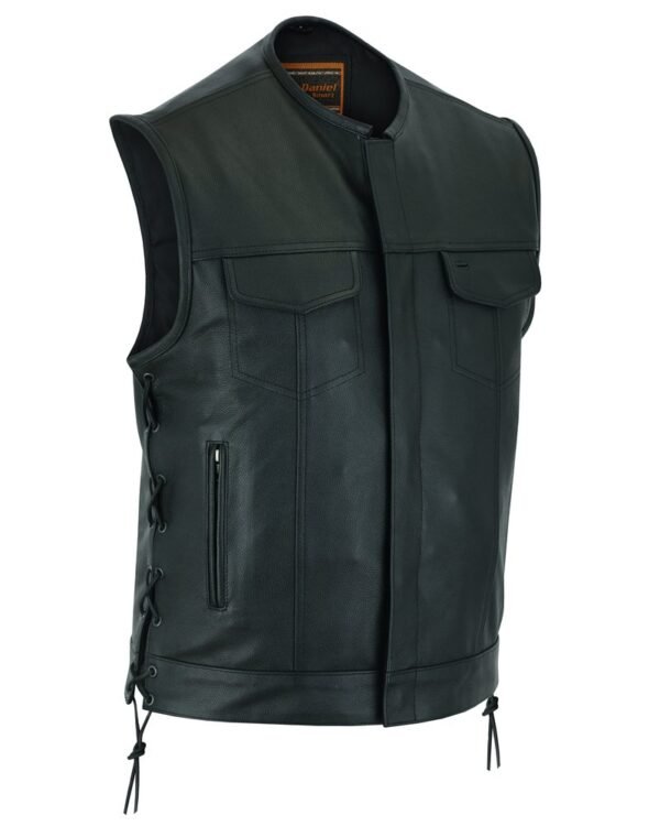 Leather Motorcycle Vest - Men's - Side Laces - Up To 12XL - Big and Tall - Black Armor - RC178-RC