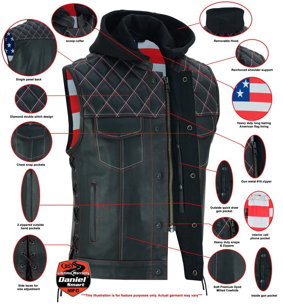 Leather Motorcycle Vest - Men's - Road Edge - USA Flag Liner - Hoodie - Up To 8XL - Highway Bound - RC194-RC - Image 2