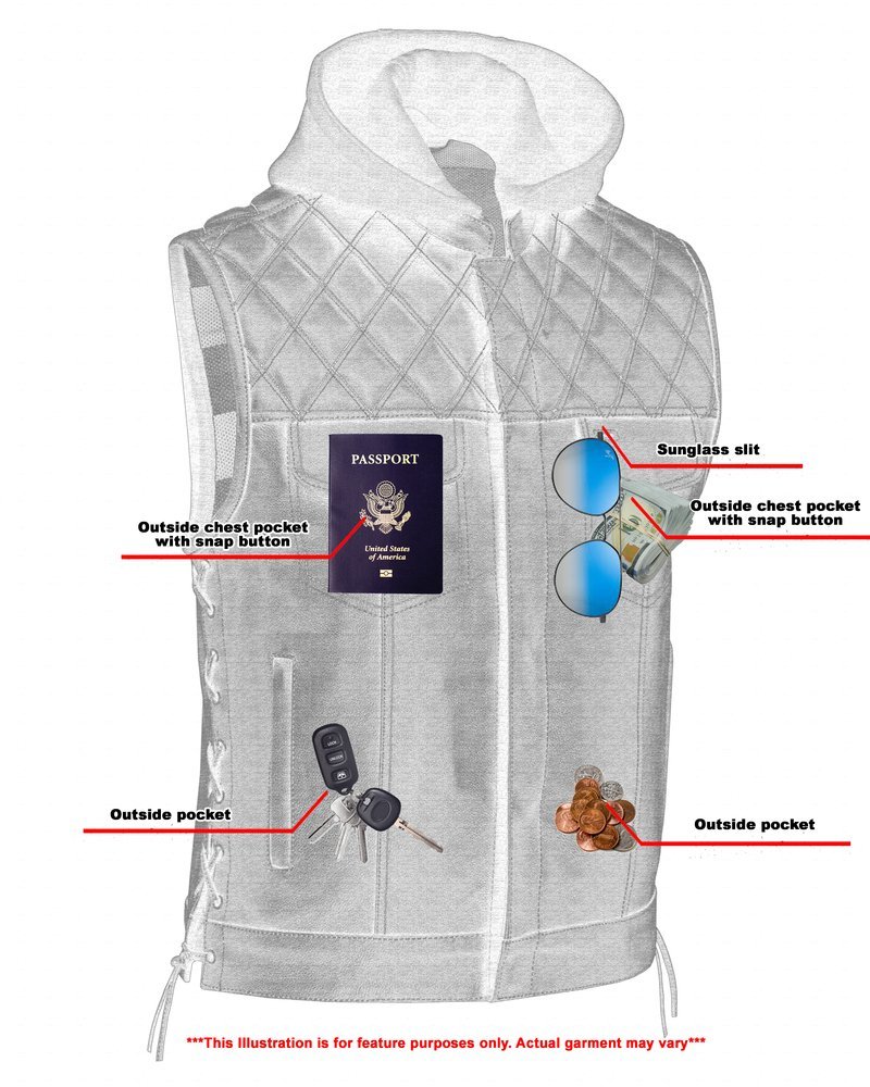 Leather Motorcycle Vest - Men's - Road Edge - USA Flag Liner - Hoodie - Up To 8XL - Highway Bound - RC194-RC - Image 7
