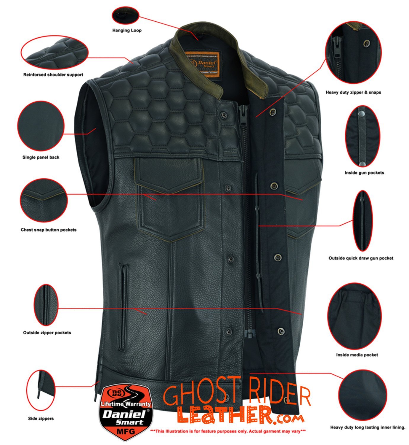 Leather Motorcycle Vest - Men's - Up To Size 8XL - Diamond Quilting - Big and Tall - ShadowProof Whiskey - RC199-RC - Image 3