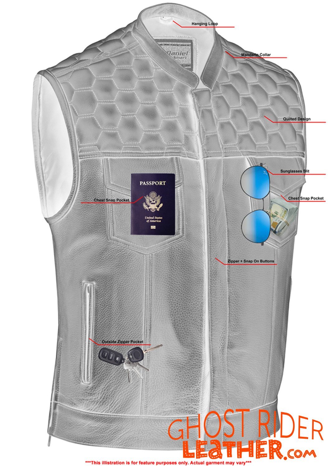 Leather Motorcycle Vest - Men's - Up To Size 8XL - Diamond Quilting - Big and Tall - ShadowProof Whiskey - RC199-RC - Image 8