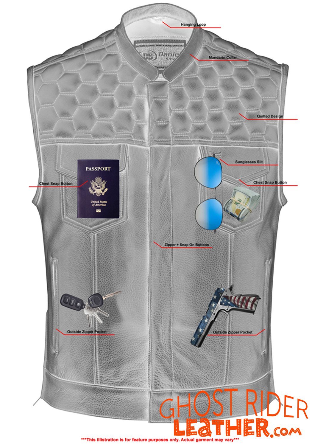 Leather Motorcycle Vest - Men's - Up To Size 8XL - Diamond Quilting - Big and Tall - ShadowProof Whiskey - RC199-RC - Image 13