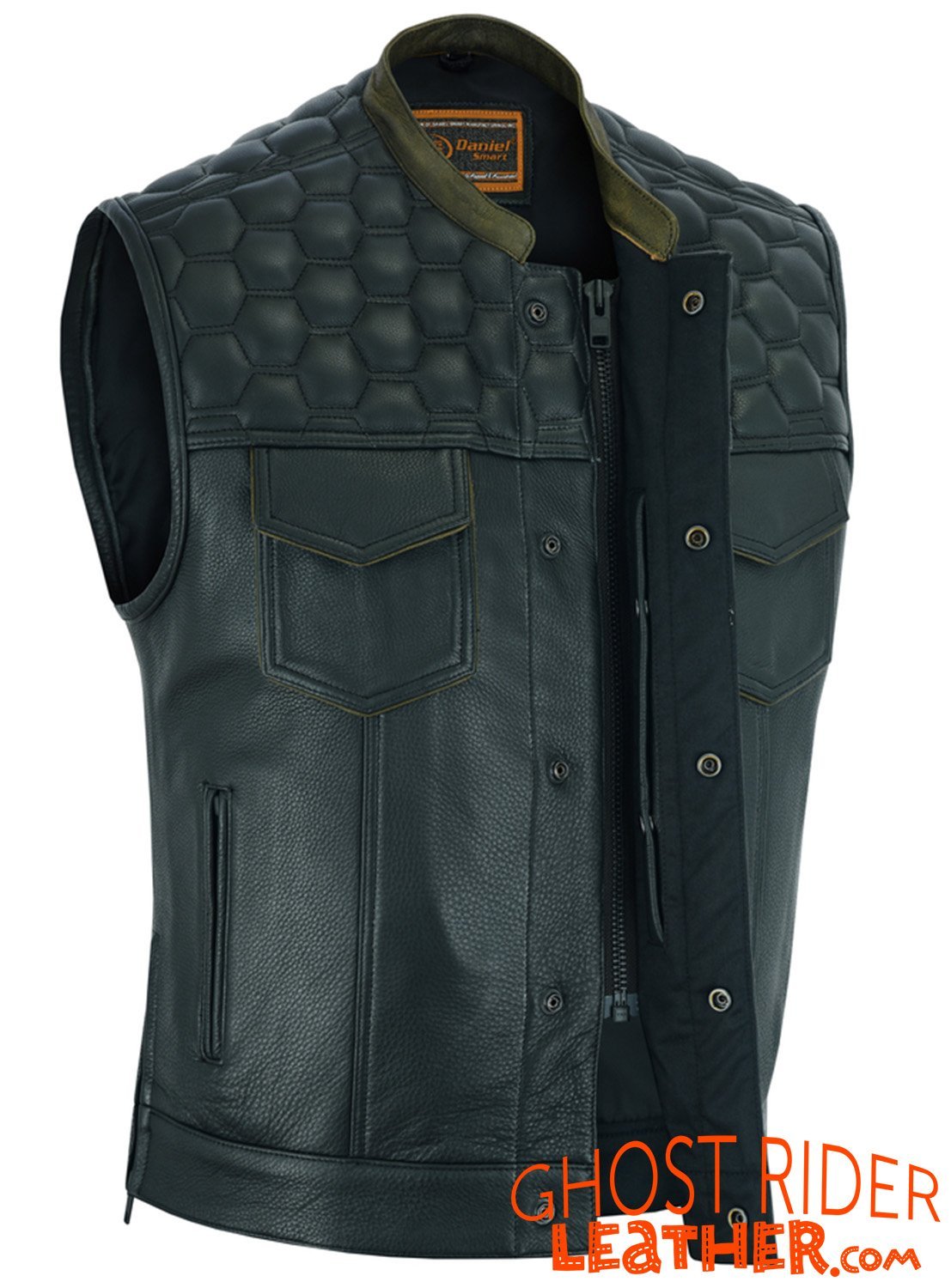 Leather Motorcycle Vest - Men's - Up To Size 8XL - Diamond Quilting - Big and Tall - ShadowProof Whiskey - RC199-RC - Image 2