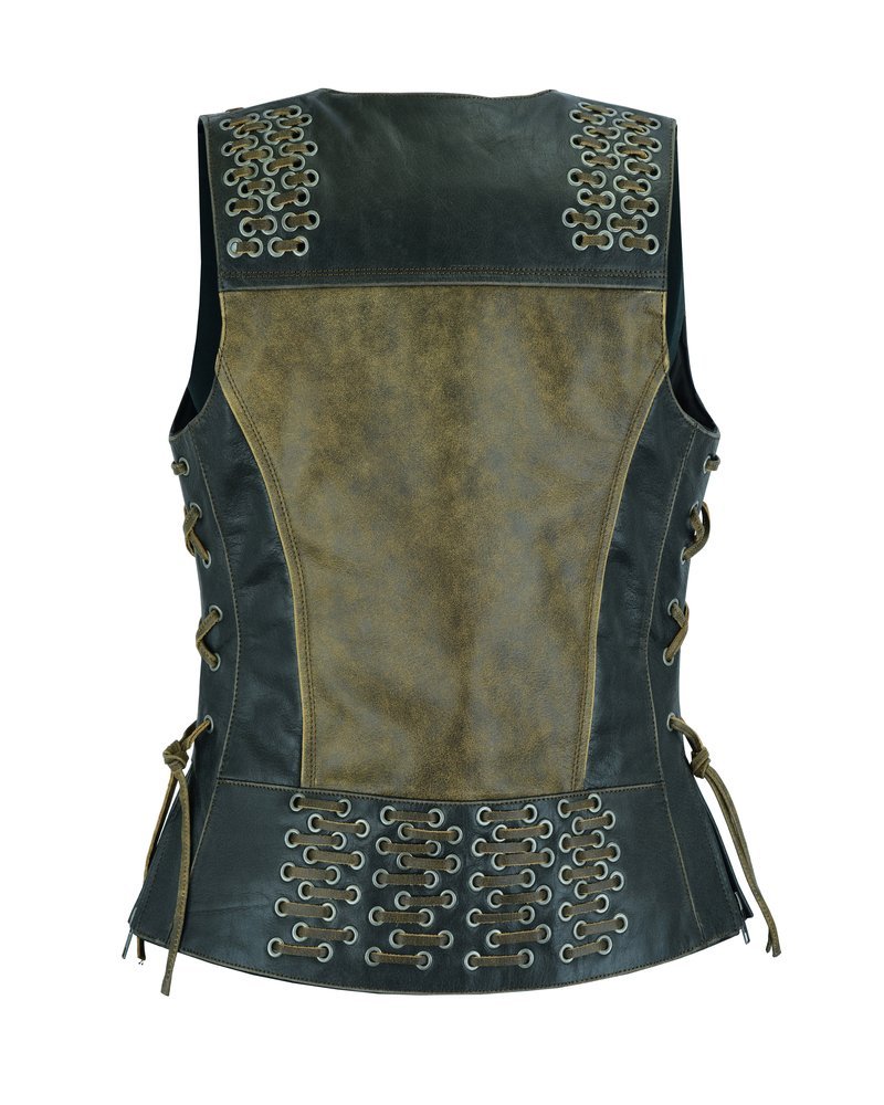 Leather Vest - Women's - Two Tone - Grommet and Lacing Accents - DS298-DS - Image 2