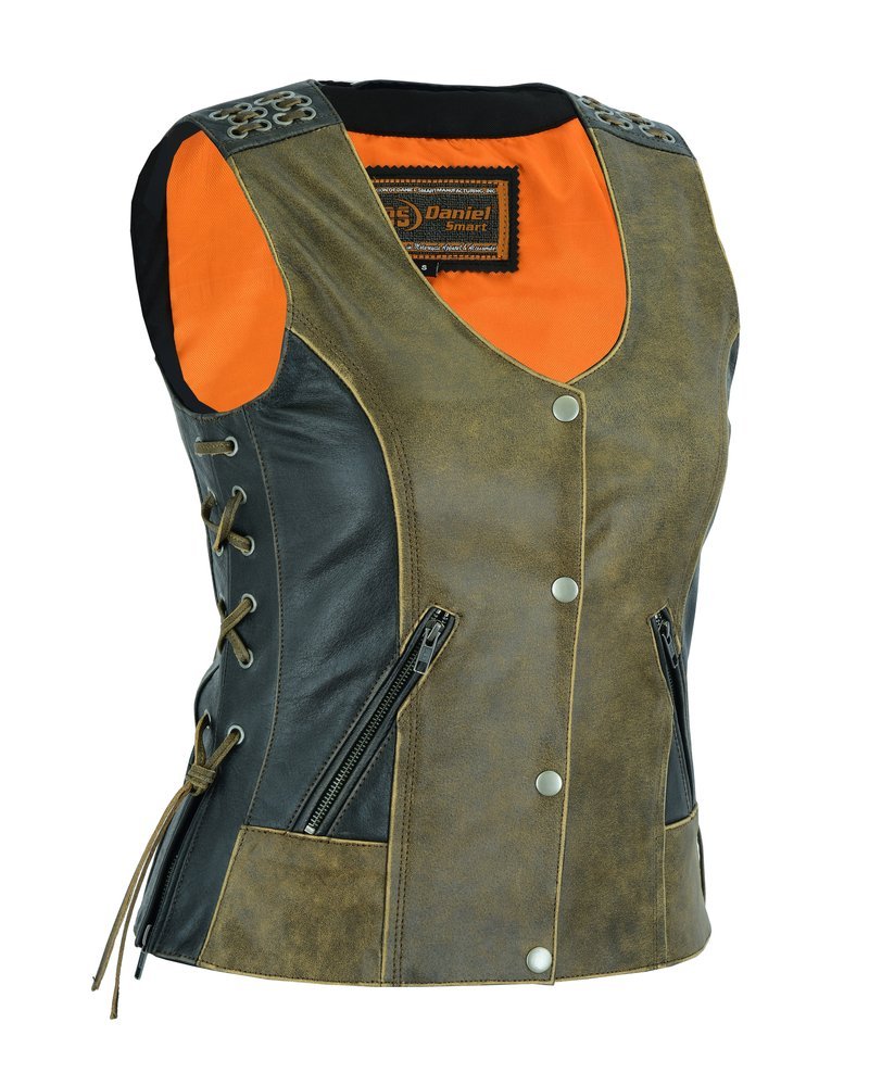 Leather Vest - Women's - Two Tone - Grommet and Lacing Accents - DS298-DS