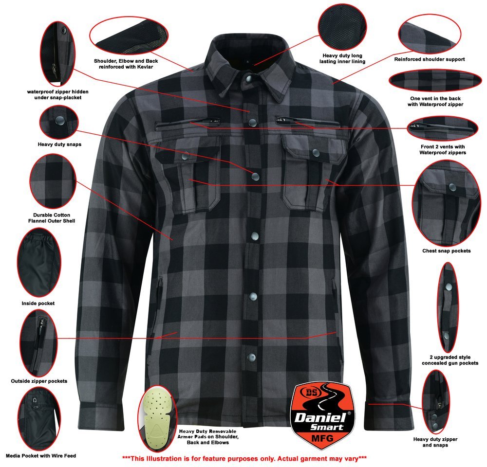 Flannel Motorcycle Shirt - Men's - Armor Pockets - Gun Pockets - Up To Size 6XL - Black Gray Plaid - DS4670-DS - Image 2