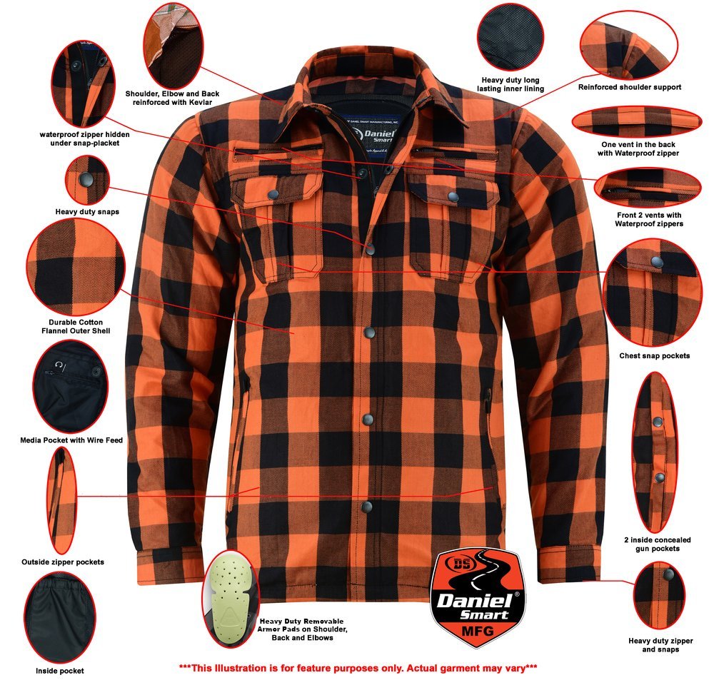 Flannel Motorcycle Shirt - Men's - Armor Pockets - Gun Pockets - Up To Size 5XL - Orange Black Plaid - DS4675-DS - Image 2