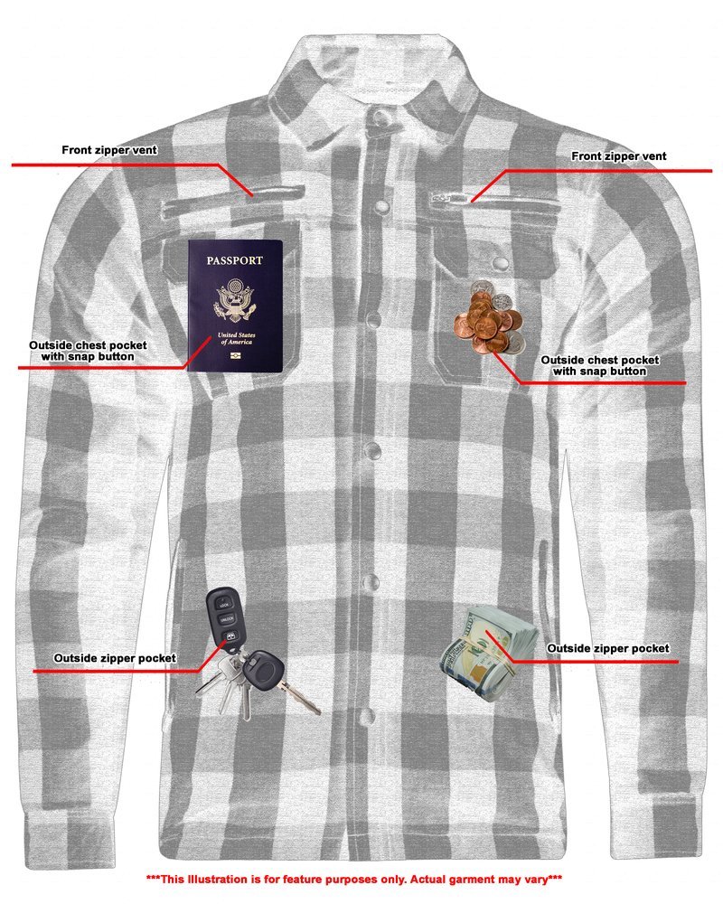 Flannel Motorcycle Shirt - Men's - Armor Pockets - Gun Pockets - Up To Size 5XL - Orange Black Plaid - DS4675-DS - Image 7