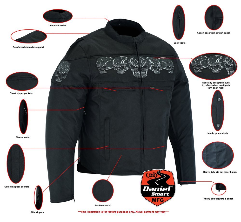 Textile Motorcycle Jacket - Men's - Reflective Skulls - Up To 6XL - Concealed Carry Pockets - DS600-DS - Image 2