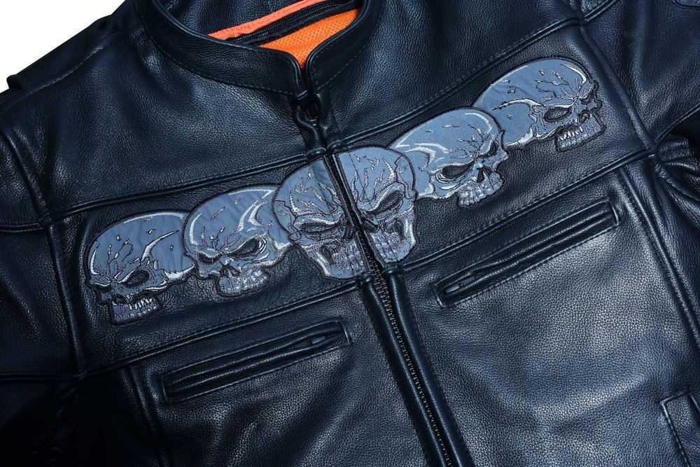 Leather Motorcycle Jacket - Men's - Biker - Up To 6XL - Reflective Skulls - DS700-DS - Image 11