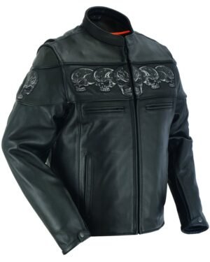 Leather Motorcycle Jacket - Men's - Biker - Up To 6XL - Reflective Skulls - DS700-DS