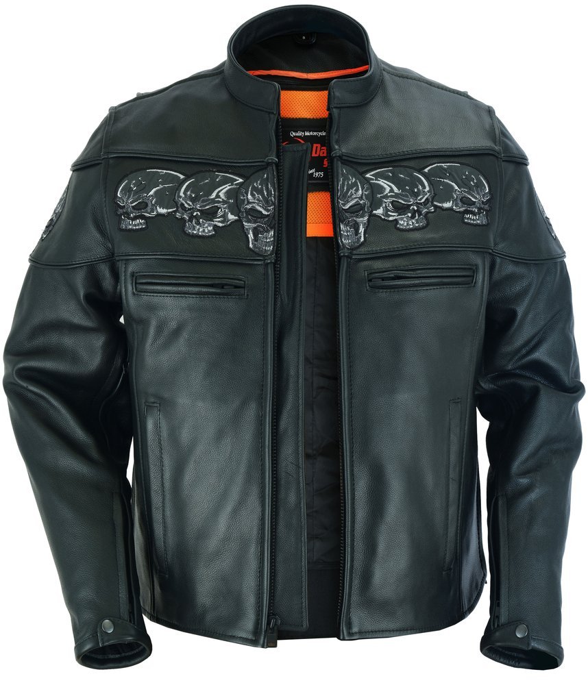 Leather Motorcycle Jacket - Men's - Biker - Up To 6XL - Reflective Skulls - DS700-DS - Image 3