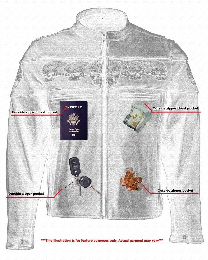Leather Motorcycle Jacket - Men's - Biker - Up To 6XL - Reflective Skulls - DS700-DS - Image 5
