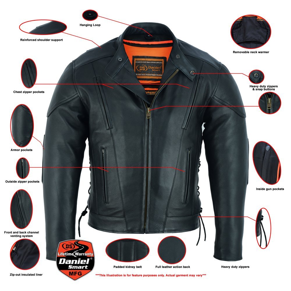 Leather Motorcycle Jacket - Men's - Side Laces - Ventilated - Gun Pockets - DS777-DS - Image 2