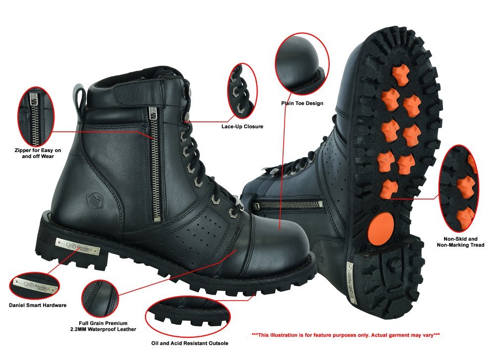 Men's Black 6 Inch Motorcycle Boots - Perforated - Medium or Wide - Side Zipper - Plain Toe - DS9731-DS - Image 2