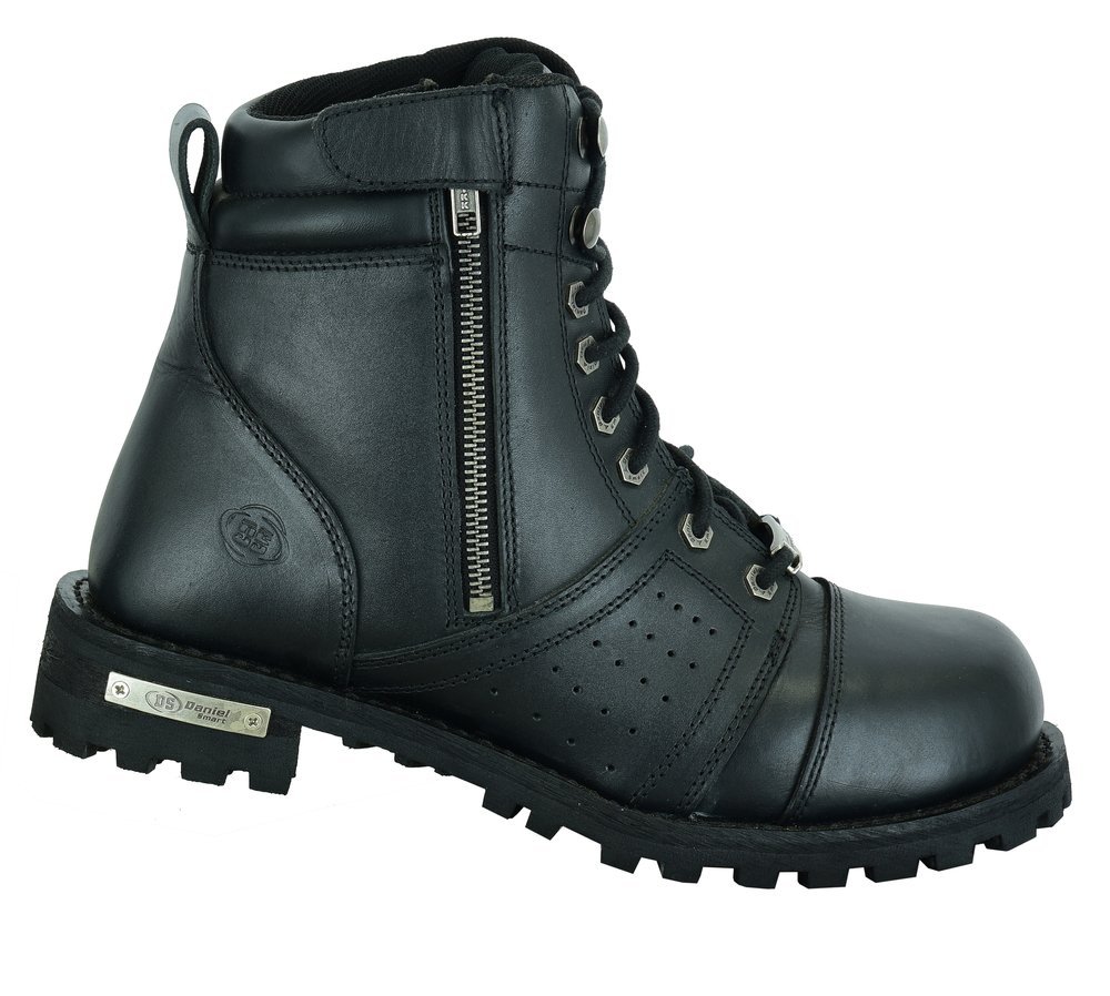 Men's Black 6 Inch Motorcycle Boots - Perforated - Medium or Wide - Side Zipper - Plain Toe - DS9731-DS