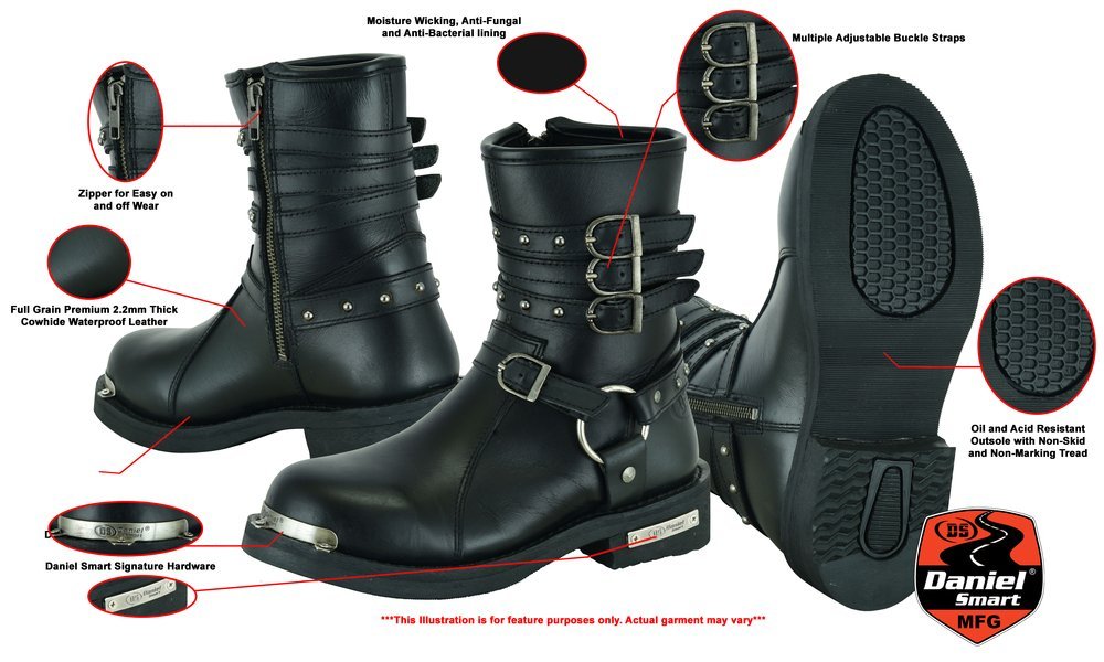 Leather Motorcycle Boots - Women's - Black - Side Zippers - DS9767-DS - Image 2