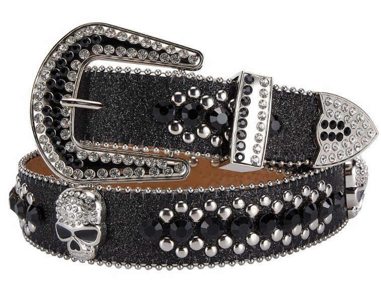 Unisex Rhinestone Bling Belt - Black and Silver - Skulls - Rhinestones - Faux Leather - FBL19-DL