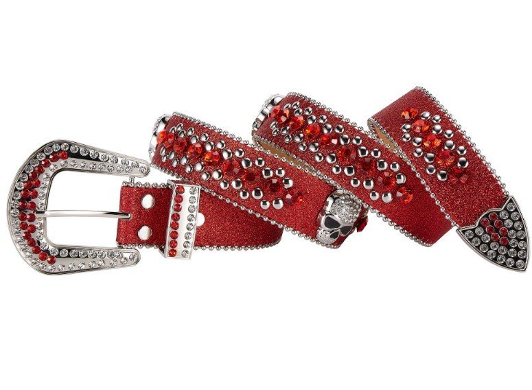 Unisex Rhinestone Bling Belt - Red and Silver - Skulls - Rhinestones - Faux Leather - FBL22-DL - Image 3